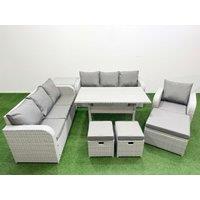 Fimous 10 Seater Poly Rattan Outdoor Garden Furniture Rectangular Dining Table Sofa Set Patio 3 Seater Sofa Reclining Chair 3 Seater Sofa 3 Stools