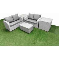 Fimous 4 Seater Outdoor Love Sofa Set Rattan Garden Furniture Set with Rectangular Coffee Table 2 Side Tables Light Grey