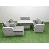 Fimous 7 Seater Outdoor Reclining Chair Love Sofa Set Rattan Garden Furniture Set with Adjustable Lifting Dining or Coffee Table Footstool Light Grey