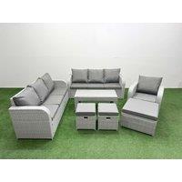 Fimous 10 Seater Poly Rattan Outdoor Garden Furniture Oblong Coffee Table Sofa Set Patio 3 Seater Sofa Reclining Chair 3 Seater Sofa 3 Stools Light