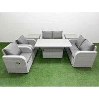 Fimous 6 Seater Outdoor Reclining Chair Love Sofa Set Rattan Garden Furniture Set w/ Adjustable Lifting Dining or Coffee Table 2 Side Tables Light