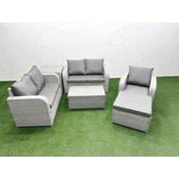 Fimous High Back Poly Rattan Garden Furniture Set w/ Reclining Chair Loveseat Sofa Rectangular Coffee Table Indoor Outdoor Patio Set Big Stool Side