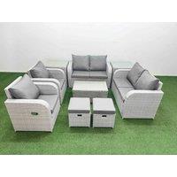 Fimous 8 Seater Outdoor Reclining Chair Love Sofa Set Rattan Garden Furniture Set with Rectangular Coffee Table 2 Stools 2 Side Table Light Grey