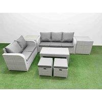 Fimous 7 Seater PE Rattan Wicker Garden Furniture Patio Conservatory Sofa Set with Oblong Coffee Table 3 Seater Sofa Love Sofa 2 Stools 2 Side Table
