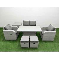 Fimous Light Grey PE Wicker Rattan Garden Furniture Set Sofa Set Reclining Chair Adjustable Lifting Dining or Coffee Table 6 Seater 2 Small Stools