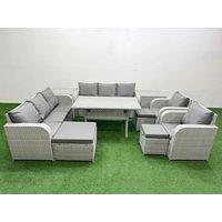 Fimous PE Rattan High Back Lounge Sofa Set Patio Rectangular Dining Table & Chairs Set w/ 3 Seater Sofa Reclining Chair 3 Stools 2 Side Table Light