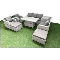 Fimous PE Rattan Garden Furniture Set Reclining Chair Sofa Double Love Seat 2 Seater Sofa Lounge Set Adjustable Lifting Dining or Coffee Table 2 Big
