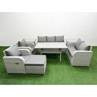 Fimous PE Rattan Garden Furniture Set Reclining Chair Sofa Double Love Seat 2 Seater Sofa Lounge Set Rectangular Dining Table Big Footstool 2 Side