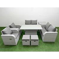 Fimous 8 Seater Outdoor Reclining Chair Love Sofa Set Rattan Garden Furniture Set w/ Adjustable Lifting Dining or Coffee Table 2 Stools Side Table