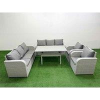 Fimous PE Rattan High Back Lounge Sofa Set Patio Rectangular Dining Table & Chairs Set with 3 Seater Sofa Reclining Chair Light Grey
