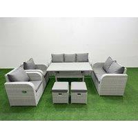 Fimous PE Rattan Garden Furniture Set Reclining Chair Sofa Double Love Seat 2 Seater Sofa Lounge Set Rectangular Dining Table 2 Stools Light Grey