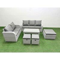 Fimous 8 Seater PE Rattan Wicker Garden Furniture Patio Conservatory Sofa Set with Oblong Coffee Table 3 Seater Sofa Love Sofa 3 Stool in Light Grey