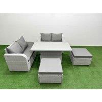 Fimous 6 Seater Outdoor Love Sofa Set Rattan Garden Furniture Set with Adjustable Lifting Dining or Coffee Table 2 Footstool Light Grey
