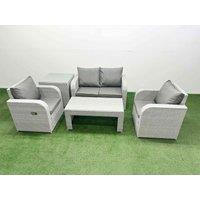 Fimous Light Grey PE Wicker Rattan Garden Furniture Set Sofa Set Reclining Adjustable Chair Oblong Coffee Table 4 Seater With Side Table