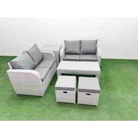 Fimous 6 Seater Outdoor Love Sofa Set Rattan Garden Furniture Set with Oblong Coffee Table 2 Small Stools Side Table Light Grey