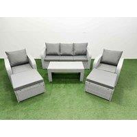 Fimous PE Rattan Garden Furniture Set Reclining Chair Sofa Lounge Sofa Set Rectangular Coffee Table 2 Big Footstool Light Grey