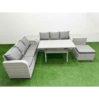 Fimous Outdoor Garden Furniture Sets 7 Seater Wicker Rattan Furniture Sofa Sets w/ Rectangular Dining Table high Back Lounge Sofa Big Footstool 2