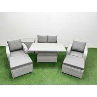 Fimous Light Grey PE Wicker Rattan Garden Furniture Set Sofa Set Reclining Chair Adjustable Lifting Dining or Coffee Table 6 Seater 2 Big Stools Side