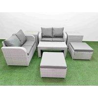 Fimous 6 Seater Outdoor Love Sofa Set Rattan Garden Furniture Set with Oblong Coffee Table 2 Footstool 2 Side Tables Light Grey