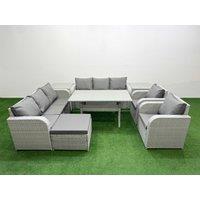 Fimous PE Rattan High Back Lounge Sofa Set Patio Rectangular Dining Table & Chairs Set w/ 3 Seater Sofa Reclining Chair Big Footstool 2 Side Table