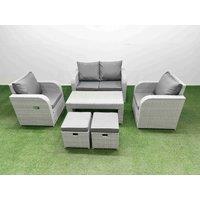 Fimous Light Grey PE Wicker Rattan Garden Furniture Set Sofa Set Reclining Adjustable Chair Oblong Coffee Table 6 Seater 2 Small Stools