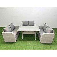 Fimous 6 Seater PE Wicker Rattan Furniture Sofa Sets with Rectangular Dining Table 2 Seater Love Sofa Light Grey