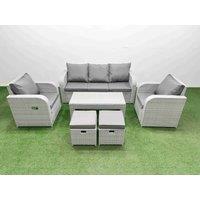 Fimous PE Rattan Garden Furniture Set Reclining Chair Sofa Lounge Sofa Set Rectangular Coffee Table 2 Small Stools Light Grey