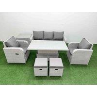 Fimous PE Rattan Garden Furniture Set Reclining Chair Sofa Lounge Sofa Set Adjustable Lifting Dining or Coffee Table Side Table 2 Small Stools Light