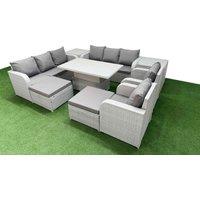 Fimous PE Rattan High Back Lounge Sofa Set Patio Adjustable Lifting Dining or Coffee Table & Chairs Set w/ 3 Seater Sofa Reclining Chair 2 Big