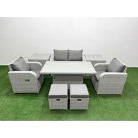 Fimous Light Grey PE Wicker Rattan Garden Furniture Set Sofa Set Reclining Chair Adjustable Lifting Dining or Coffee Table 6 Seater 2 Small Stools 2