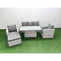 Fimous PE Rattan Garden Furniture Set Reclining Chair Sofa Lounge Sofa Set Adjustable Lifting Dining or Coffee Table Big Footstool Light Grey