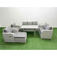 Fimous PE Rattan Garden Furniture Set Reclining Chair Sofa Double Love Seat 2 Seater Sofa Lounge Set Rectangular Dining Table Big Footstool Side