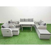 Fimous PE Rattan Garden Furniture Set Reclining Chair Sofa Double Love Seat 2 Seater Sofa Lounge Set Rectangular Dining Table 3 Stools 2 Side Table