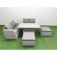 Fimous 6 Seater Outdoor Love Sofa Set Rattan Garden Furniture Set with Adjustable Lifting Dining or Coffee Table 2 Footstool Side Table Light Grey