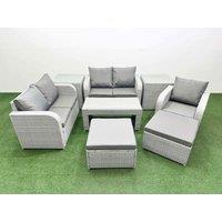 Fimous High Back Poly Rattan Garden Furniture Set w/ Reclining Chair Loveseat Sofa Oblong Coffee Table Indoor Outdoor Patio Set 2 Big Stool 2 Side