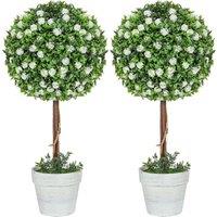 HOMCOM Set of 2 Artificial Plants with Rose Flower in Pot, 60cm in White
