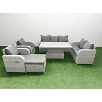 Fimous PE Rattan Garden Furniture Set Reclining Chair Sofa Double Love Seat 2 Seater Sofa Lounge Set Adjustable Lifting Dining or Coffee Table Big