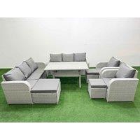 Fimous PE Rattan High Back Lounge Sofa Set Patio Rectangular Dining Table & Chairs Set with 3 Seater Sofa Reclining Chair 3 Stools Light Grey