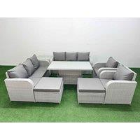 Fimous PE Rattan High Back Lounge Sofa Set Patio Adjustable Lifting Dining or Coffee Table & Chairs Set w/ 3 Seater Sofa Reclining Chair 2 Big