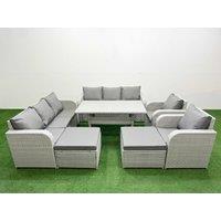 Fimous PE Rattan High Back Lounge Sofa Set Patio Rectangular Dining Table & Chairs Set with 3 Seater Sofa Reclining Chair 2 Big Footstool Light Grey