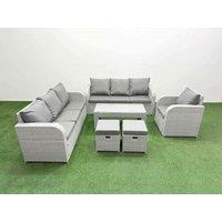 Fimous 9 Seater Poly Rattan Outdoor Garden Furniture Oblong Coffee Table Sofa Set Patio 3 Seater Sofa Reclining Chair 3 Seater Sofa Stools Light Grey