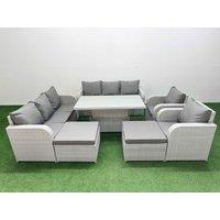 Fimous PE Rattan High Back Lounge Sofa Set Patio Adjustable Lifting Dining or Coffee Table & Chairs Set w/ 3 Seater Sofa Reclining Chair 2 Big