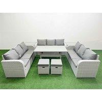 Fimous PE Rattan Lounge Sofa Set 11 Seater Outdoor Garden Furniture Set with Rectangular Dining Table 3 Seater Sofa 2 Stools 2 Side Table Light Grey