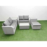 Fimous 5 Seater Outdoor Love Sofa Set Rattan Garden Furniture Set with Rectangular Coffee Table Big Footstool 2 Side Tables Light Grey