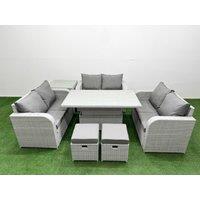 Fimous 8 Seater PE Wicker Rattan Furniture Sofa Sets with Adjustable Lifting Dining or Coffee Table 2 Seater Love Sofa 2 Stool Side Table Light Grey