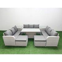 Fimous PE Rattan Lounge Sofa Set 11 Seater Outdoor Garden Furniture Set w/ Adjustable Lifting Dining or Coffee Table 3 Seater Sofa 2 Big Footstools 2