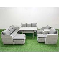 Fimous PE Rattan High Back Lounge Sofa Set Patio Rectangular Dining Table & Chairs Set w/ 3 Seater Sofa Reclining Chair 3 Stools Side Table Light Grey