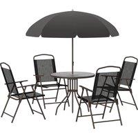 OUTSUNNY 6 Pieces Patio Dining Set with Umbrella 4 Folding Chairs & Glass Table in Black