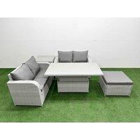 Fimous 5 Seater Outdoor Love Sofa Set Rattan Garden Furniture Set with Adjustable Lifting Dining or Coffee Table Big Footstool Side Table Light Grey