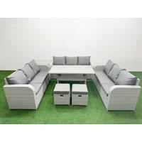 Fimous PE Rattan Lounge Sofa Set 11 Seater Outdoor Garden Furniture Set with Rectangular Dining Table 3 Seater Sofa 2 Stools Side Table Light Grey